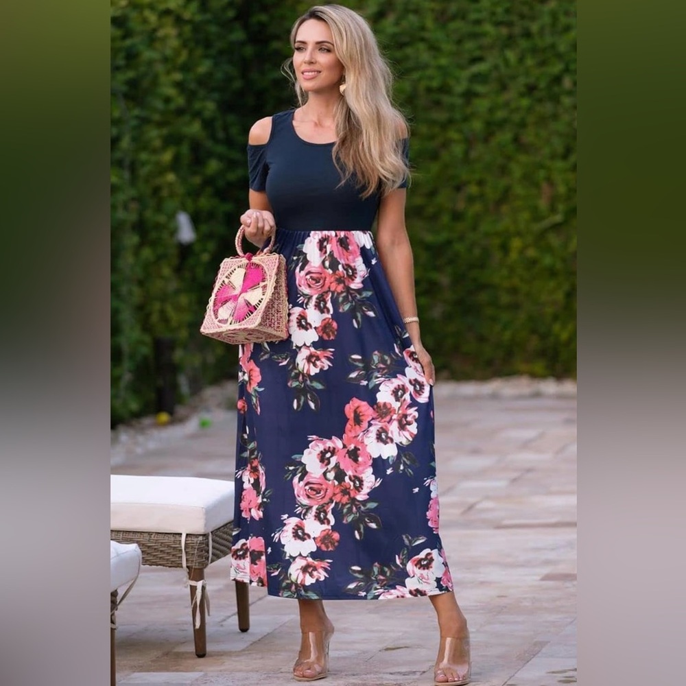 Styleword Dress Womens S Navy Floral Maxi Short Sleeve Cold Shoulder Stretch